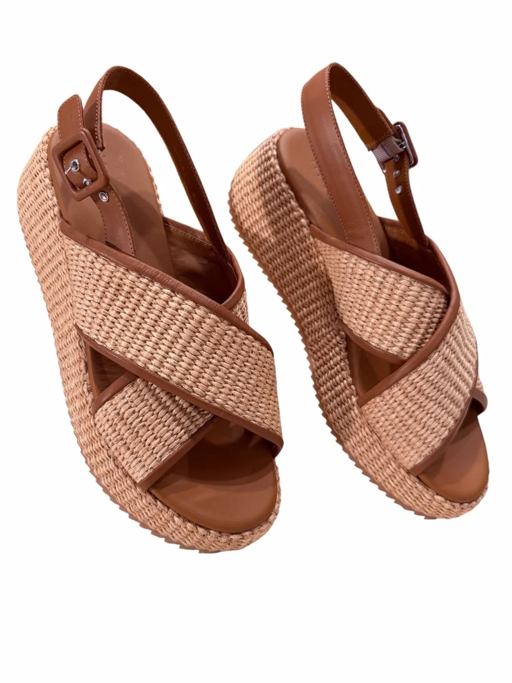 M.Gemi Made in Italy Raffia Platform Wedge Sandals Tan Leather Size 41 NWOB